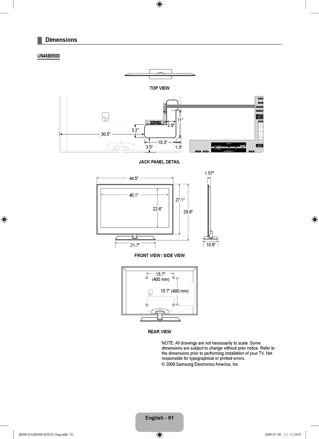 Samsung user manual Dimensions, UN46B8500 