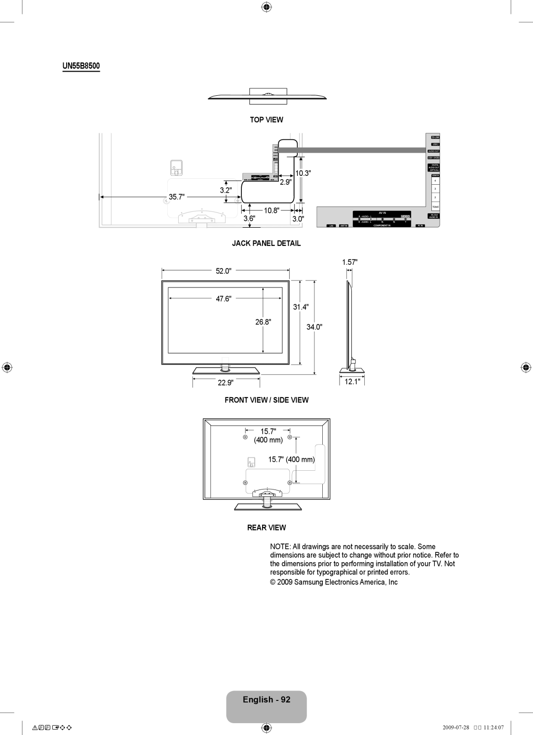 Samsung user manual UN55B8500, 35.7, 10.3 10.8, 52.0 47.6 31.4 26.8 12.1 22.9 