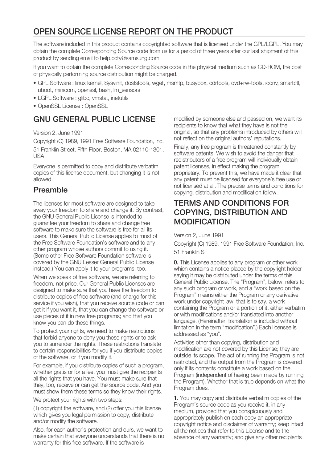 Samsung SRD-1630D, 870D, 1670D, 1650D, SRD-850D Open Source License Report on the Product, Preamble, Version 2, June, Usa 