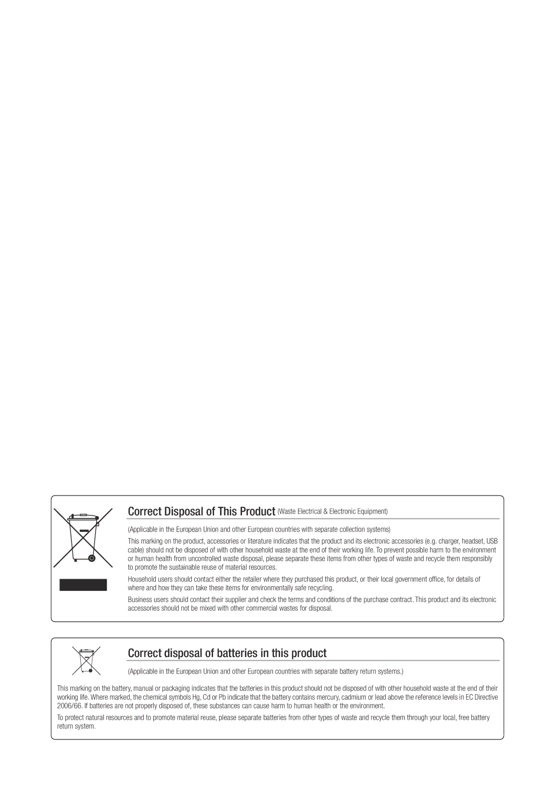 Samsung SRD-1610D, 870D, 1670D, SRD-850D, SRD-830D, SRD-1650D, SRD-1630D Correct disposal of batteries in this product 