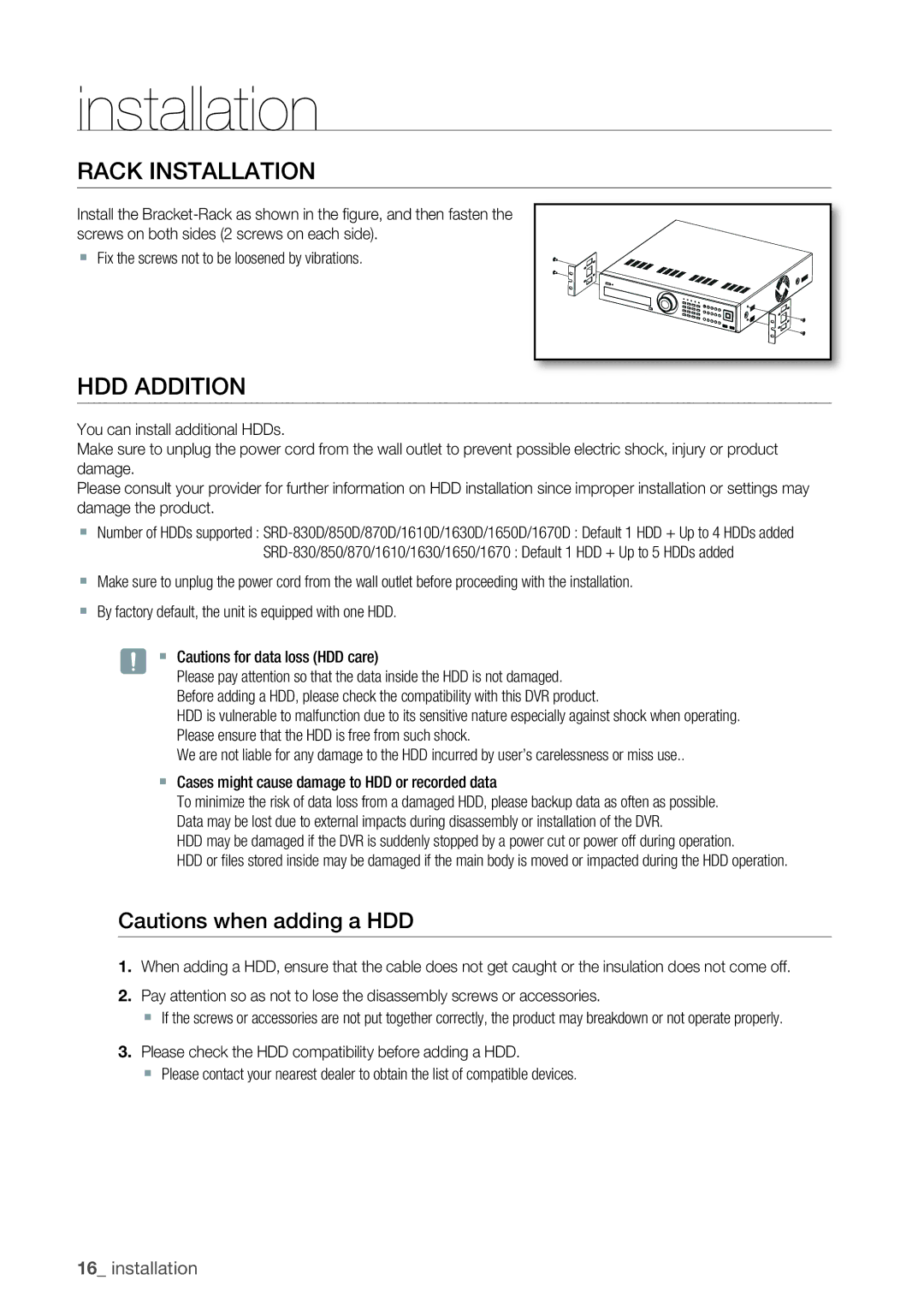 Samsung 870D, 1670D, SRD-850D, SRD-830D, SRD-1650D, SRD-1630D, SRD-1610D user manual Rack Installation, HDD Addition 