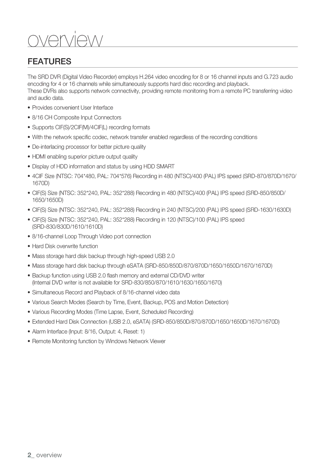 Samsung 1670D, 870D, SRD-850D, SRD-830D, SRD-1650D, SRD-1630D, SRD-1610D user manual Overview, Features 