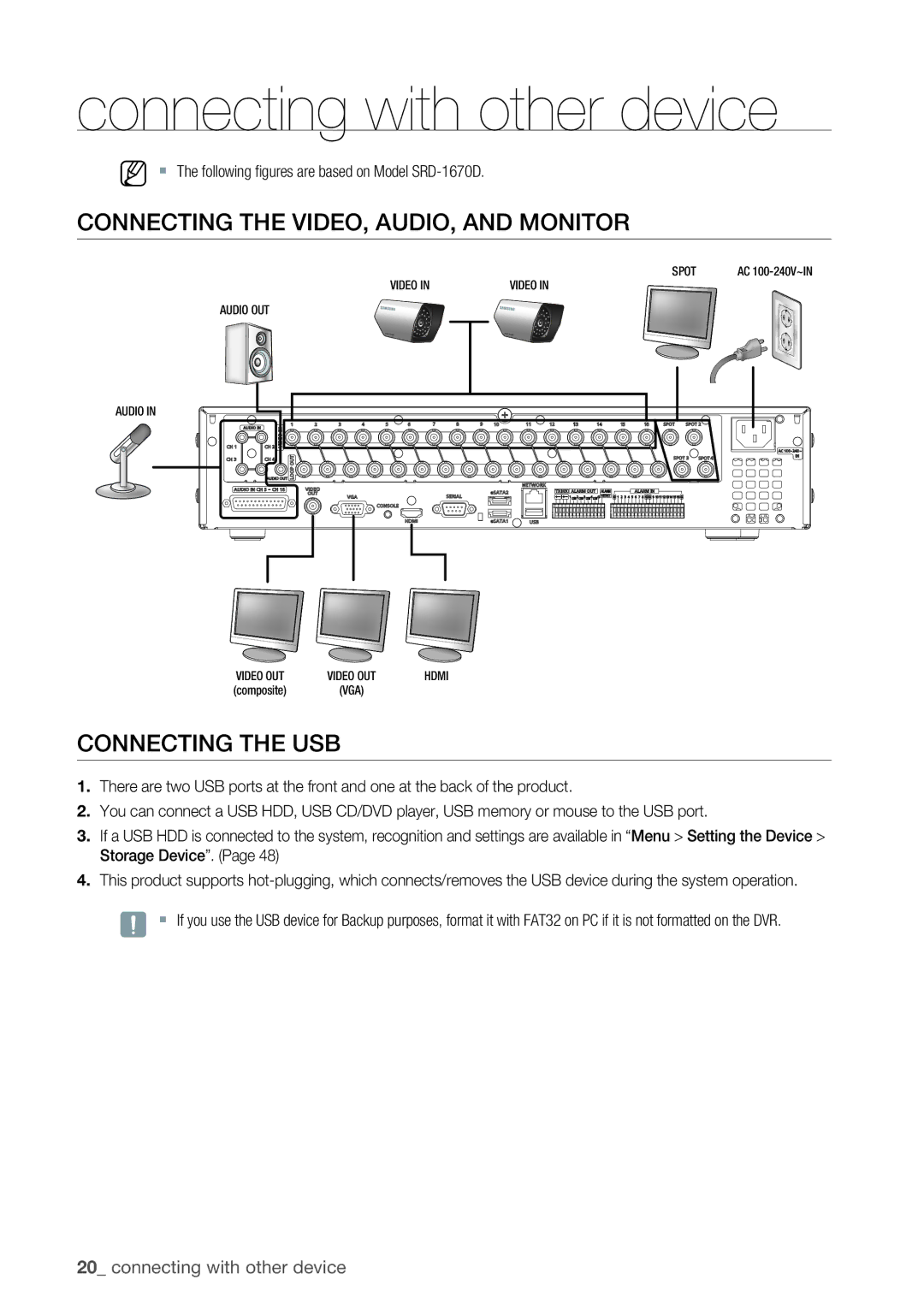 Samsung 870D, 1670D, SRD-850D, SRD-830D, SRD-1650D Connecting the Video, Audio, and Monitor, Connecting the USB 