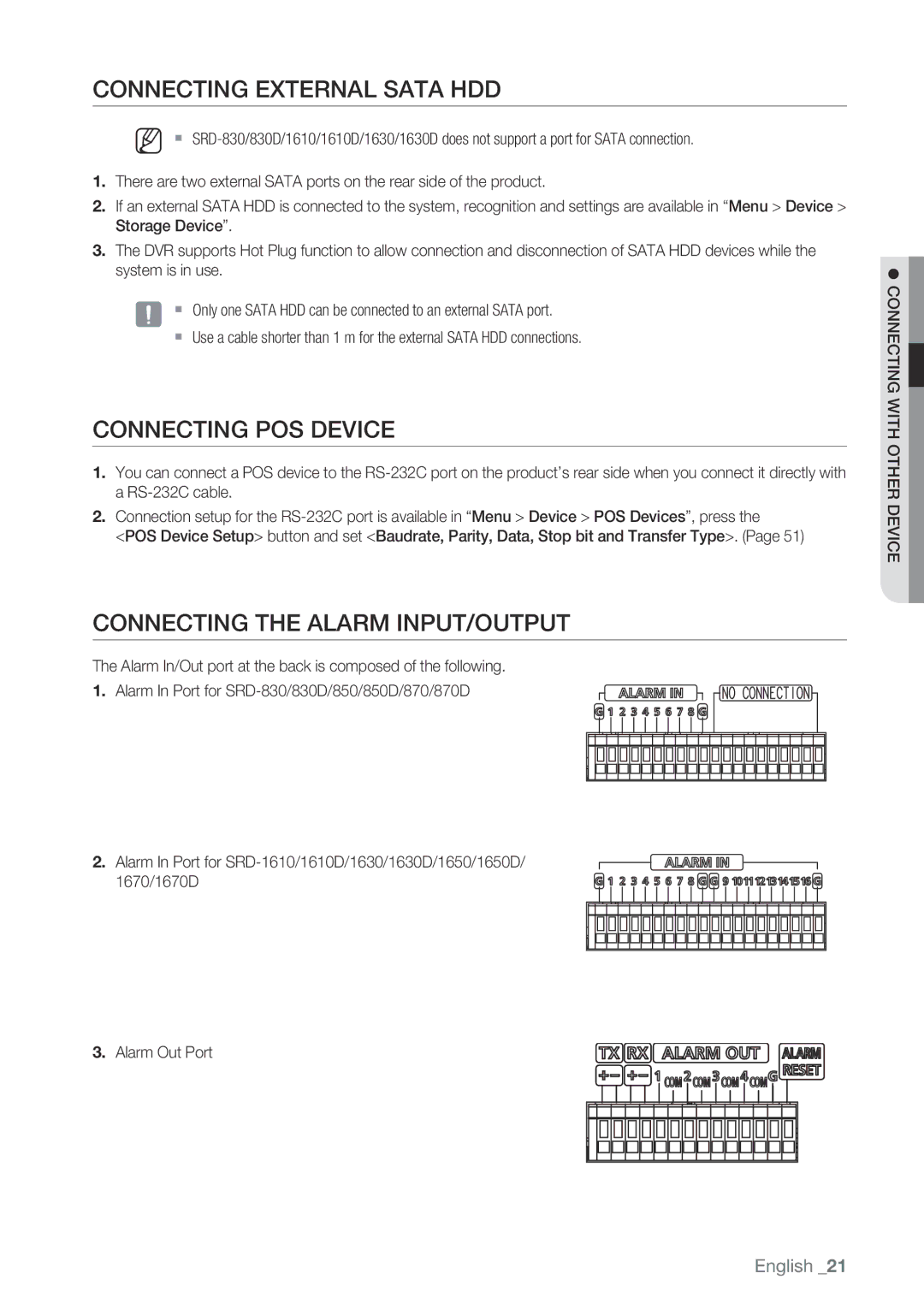 Samsung SRD-1650D, 870D, 1670D Connecting External Sata HDD, Connecting POS Device, Connecting the Alarm Input/Output 