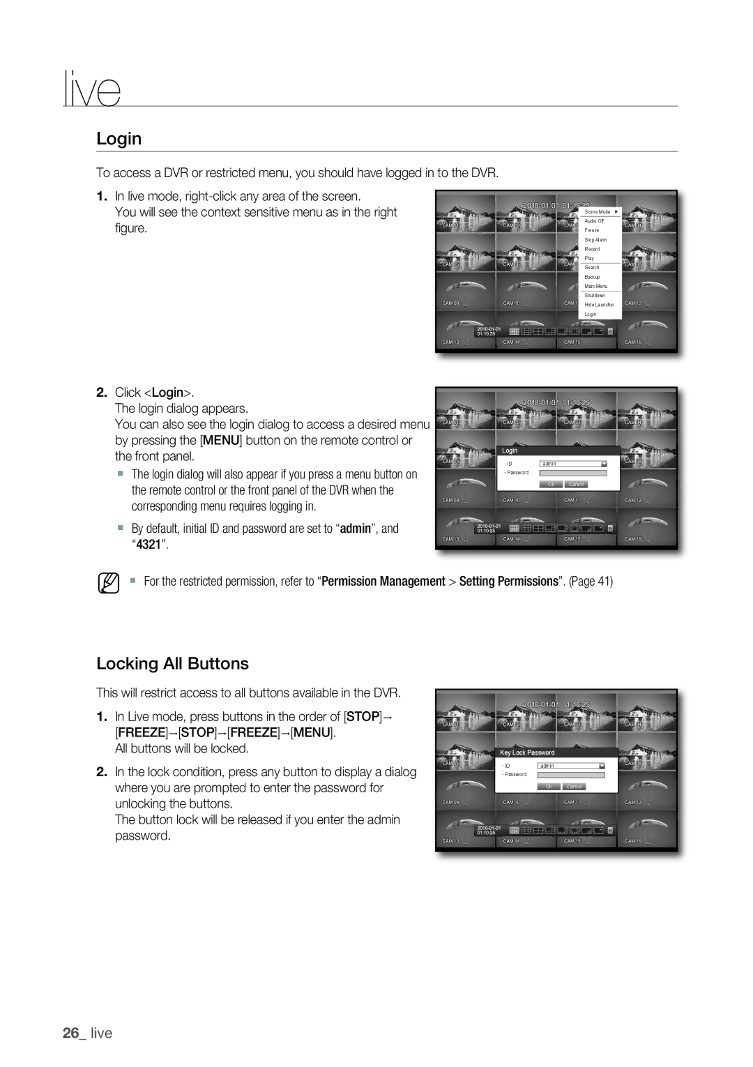 Samsung 870D, 1670D, 1650D, SRD-850D Login, Locking All Buttons, ` By default, initial ID and password are set to admin 