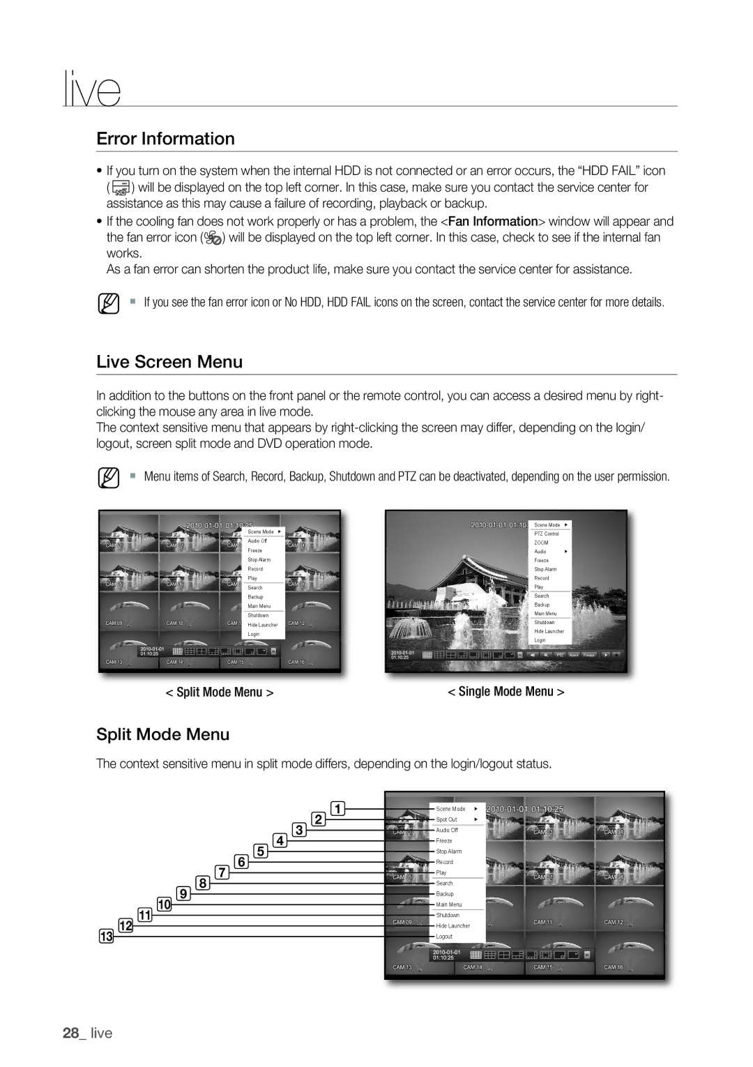 Samsung 1670D, 870D, 1650D, SRD-850D, SRD-830D Error Information, Live Screen Menu, Split Mode Menu, Single Mode Menu 