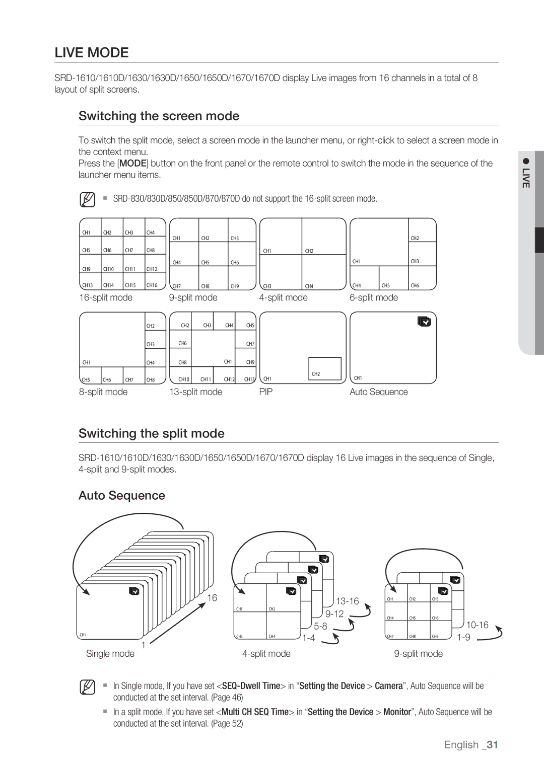 Samsung SRD-830D, 870D, 1670D, 1650D Live Mode, Switching the screen mode, Switching the split mode, Auto Sequence, Pip 