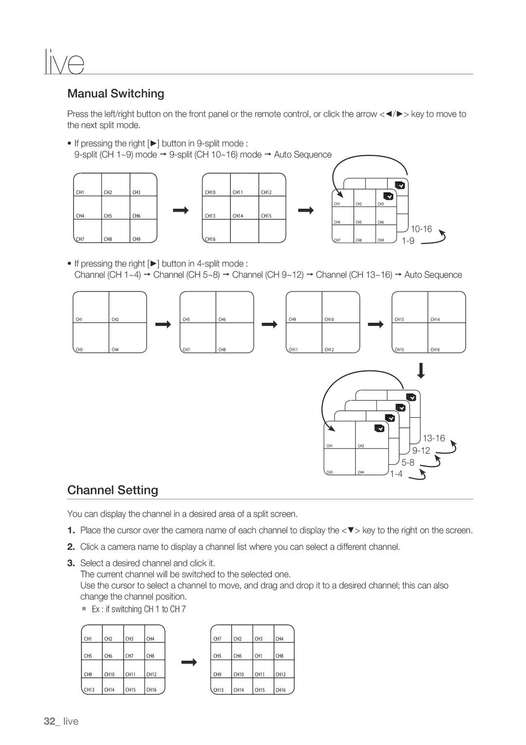 Samsung SRD-850, 870D, 1670D, 1650D Channel Setting, Manual Switching, ~ If pressing the right + button in 4-split mode 