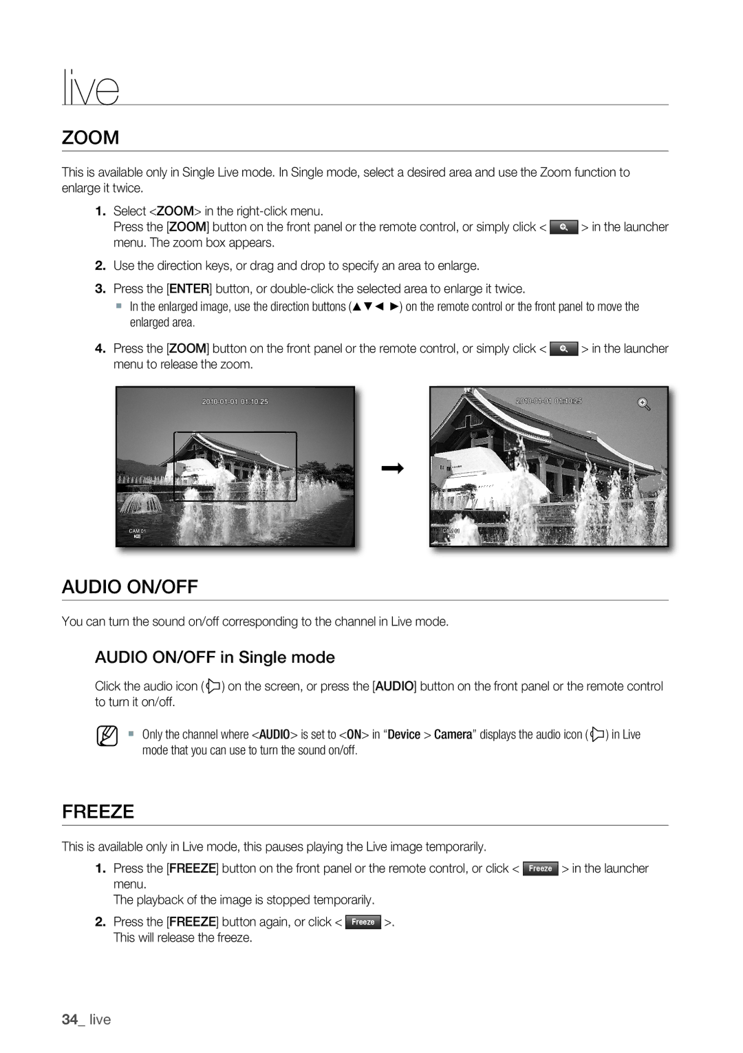 Samsung SRD-1650D, 870D, 1670D, SRD-850D, SRD-830D, SRD-1630D, SRD-1610 Zoom, Freeze, Audio ON/OFF in Single mode 