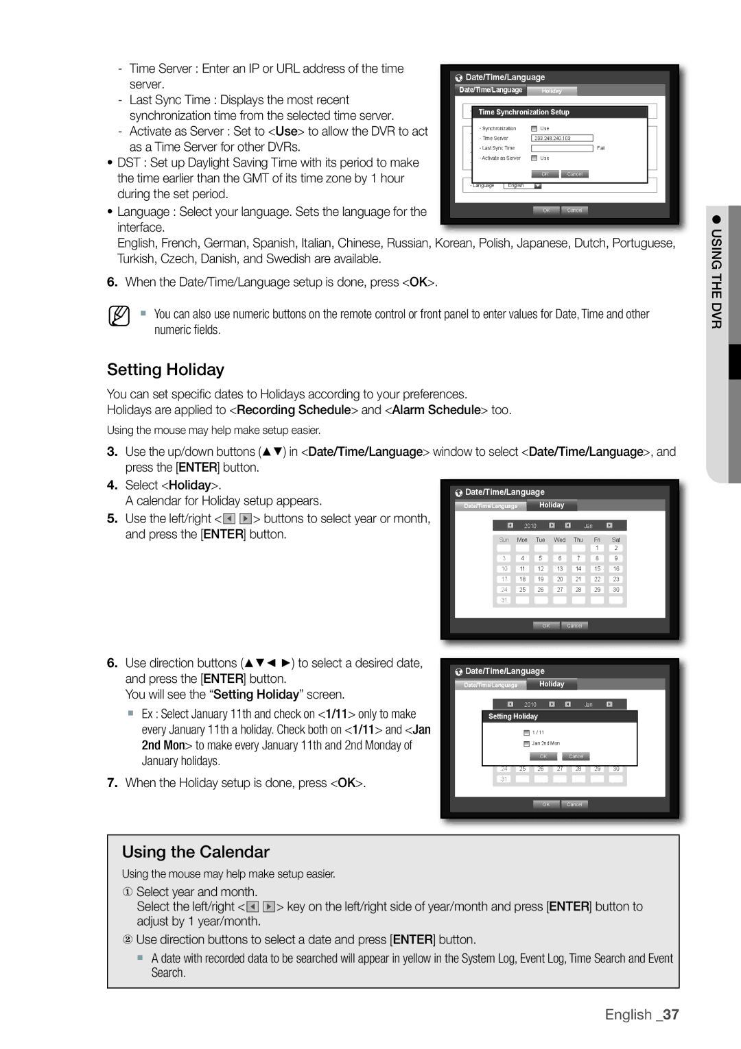 Samsung 870D, 1670D, SRD-850D, SRD-830D, SRD-1650D, SRD-1630D, SRD-1610D user manual Setting Holiday, Using the Calendar 