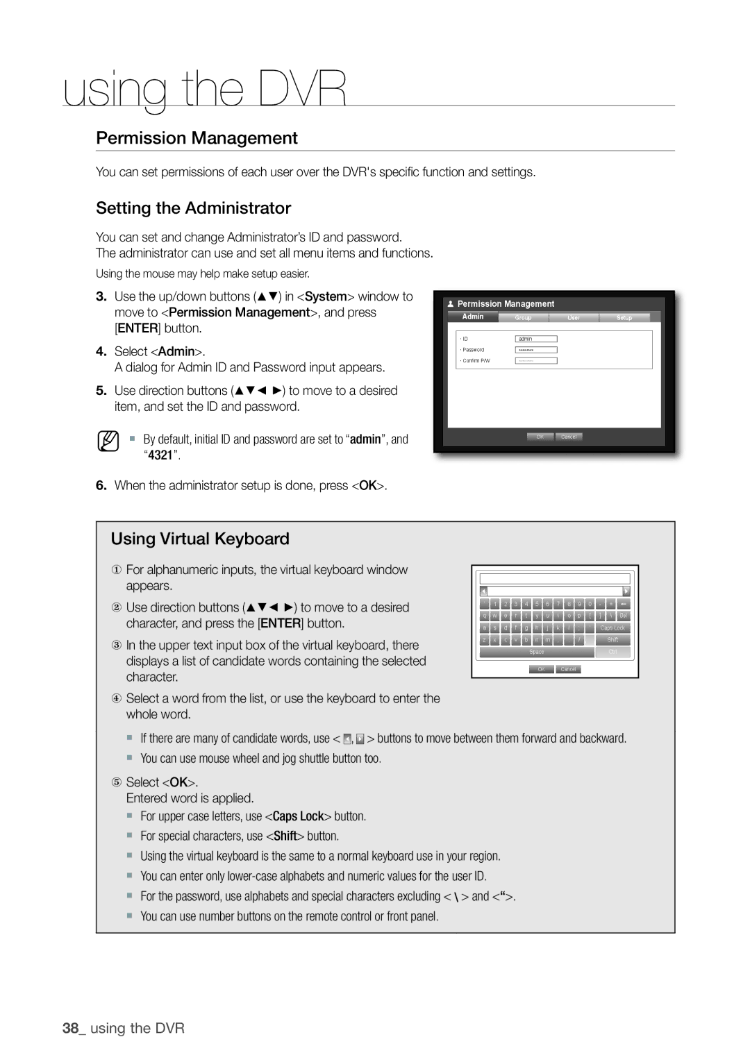 Samsung SRD-1610D, 870D, 1670D, 1650D Permission Management, Setting the Administrator, Using Virtual Keyboard, 4321 