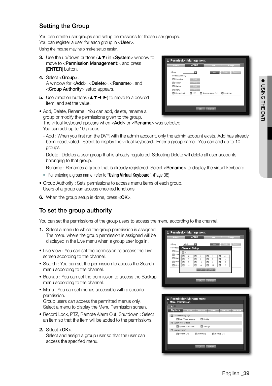 Samsung 870D, 1670D, SRD-850D, SRD-830D, SRD-1650D, SRD-1630D, SRD-1610 Setting the Group, To set the group authority 