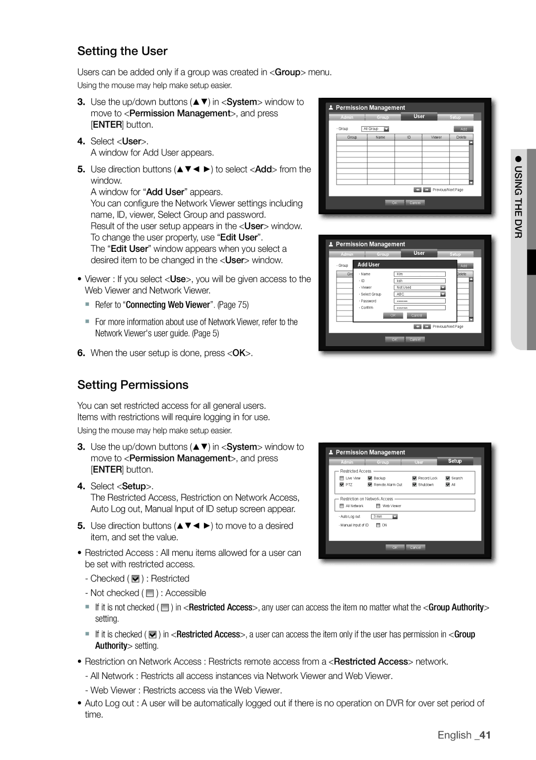 Samsung 1670D, 870D, 1650D Setting the User, Setting Permissions, Name, ID, viewer, Select Group and password, Add User 