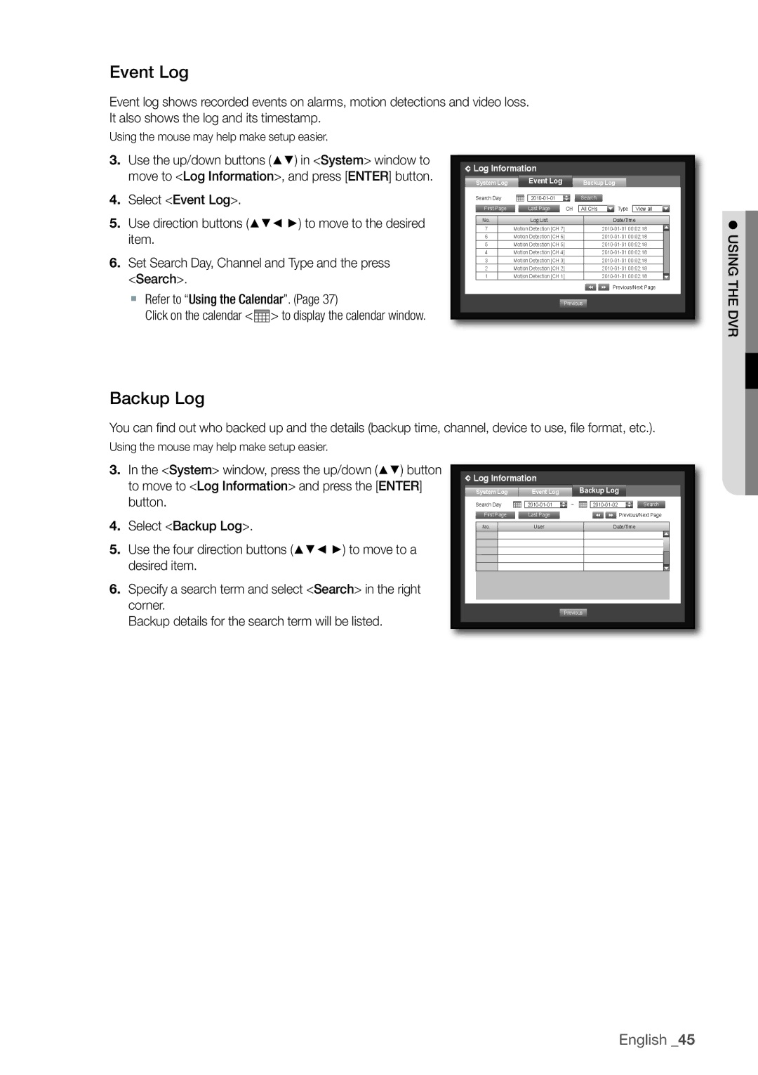 Samsung 870D, 1670D, SRD-850D, SRD-830D, SRD-1650D, SRD-1630D, SRD-1610D user manual Event Log, Backup Log 