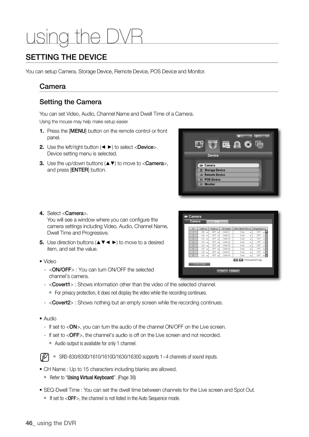 Samsung SRD-830, 870D Setting the Device, Setting the Camera, Press the Menu button on the remote control or front 