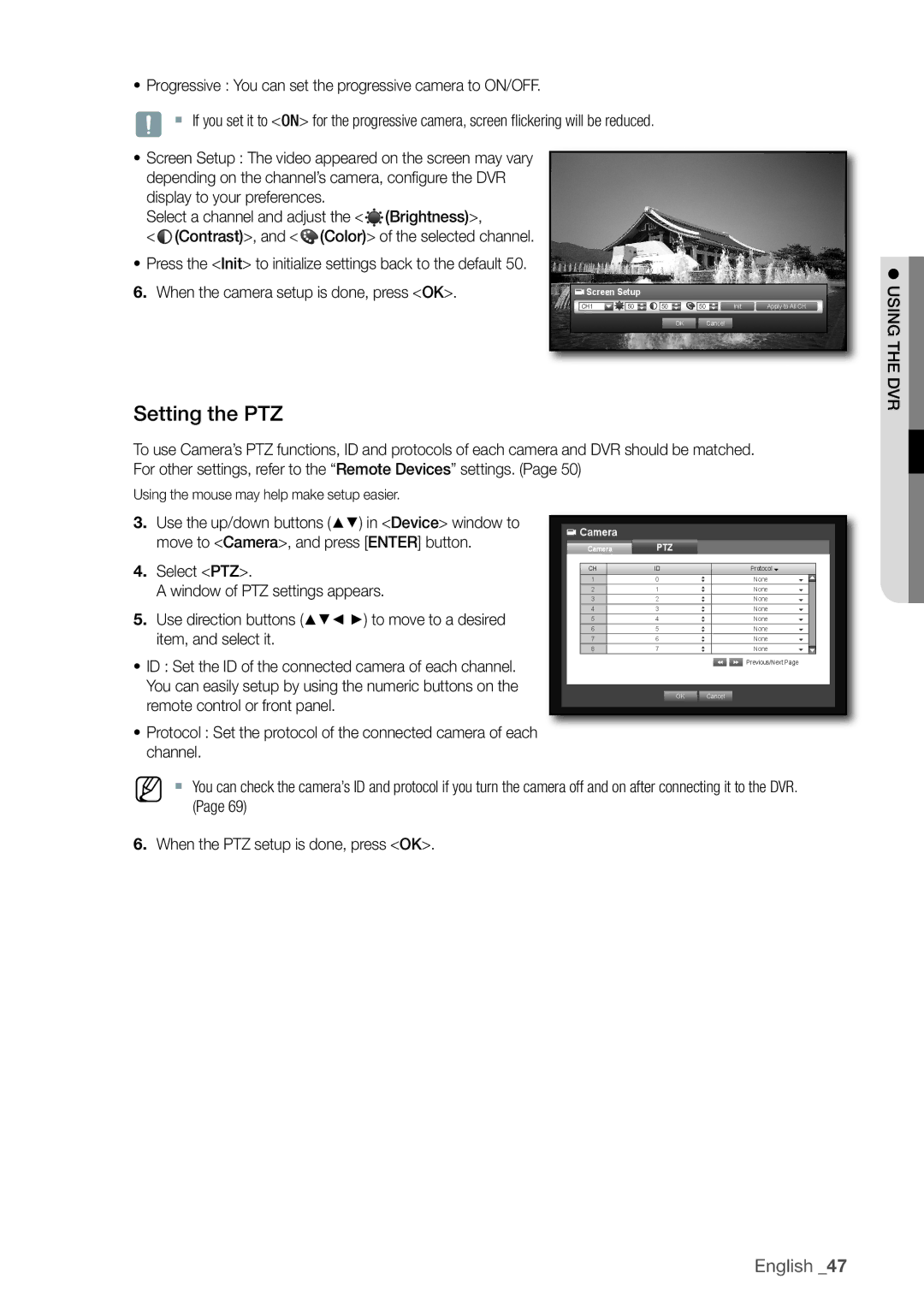 Samsung SRD-1650D, 870D, 1670D, SRD-850D, SRD-830D Setting the PTZ, Usingthe dvr, When the PTZ setup is done, press OK 