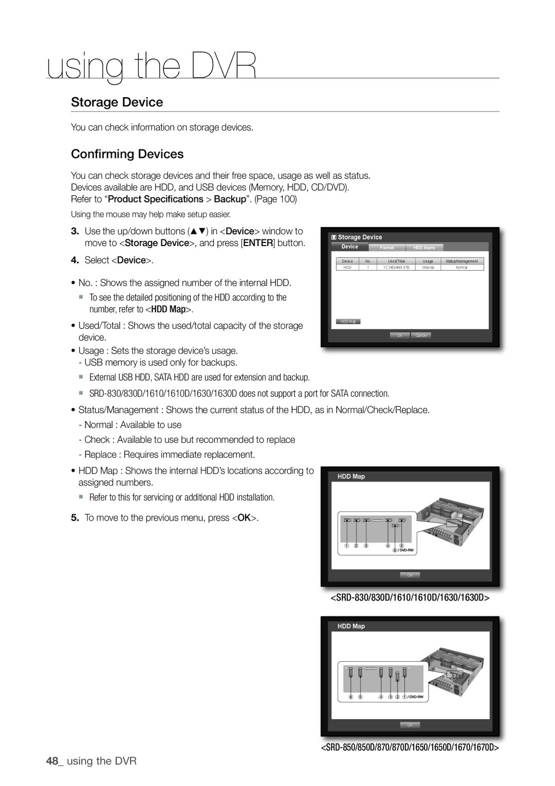 Samsung SRD-1630D, 870D, 1670D, 1650D Storage Device, Confirming Devices, You can check information on storage devices 