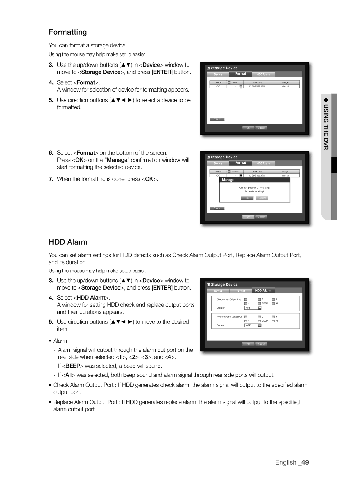 Samsung 870D, 1670D, SRD-850D, SRD-830D, SRD-1650D, SRD-1630D, SRD-1610D user manual Formatting, HDD Alarm 