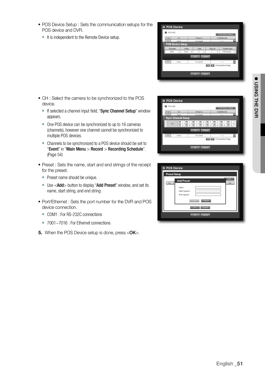 Samsung SRD-1610D, 870D, 1670D, 1650D, SRD-850D, SRD-830D POS Device Setup, Sync Channel Setup, Preset Setup, Add Preset 