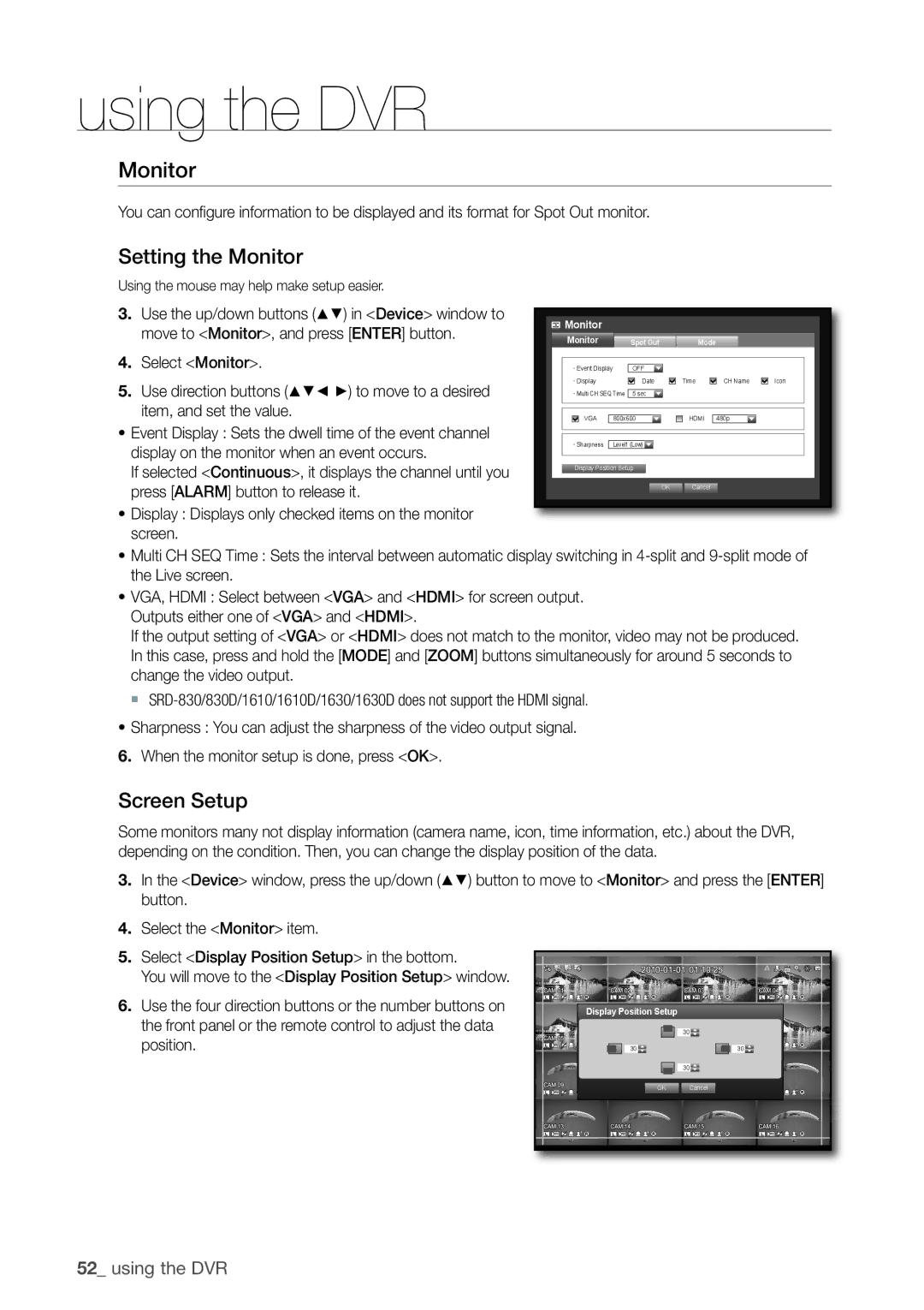 Samsung 870D, 1670D, SRD-850D, SRD-830D, SRD-1650D, SRD-1630D, SRD-1610D Setting the Monitor, Screen Setup 