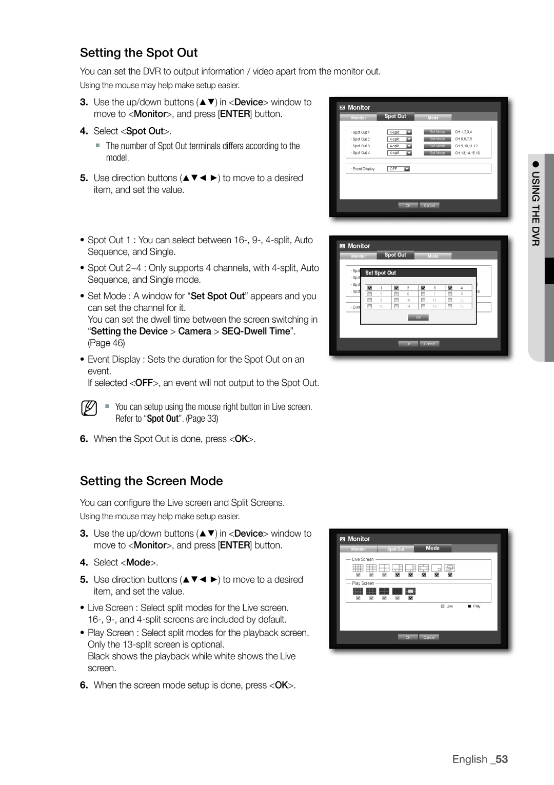 Samsung 870D, 1670D, 1650D, SRD-850D Setting the Spot Out, Setting the Screen Mode, When the Spot Out is done, press OK 