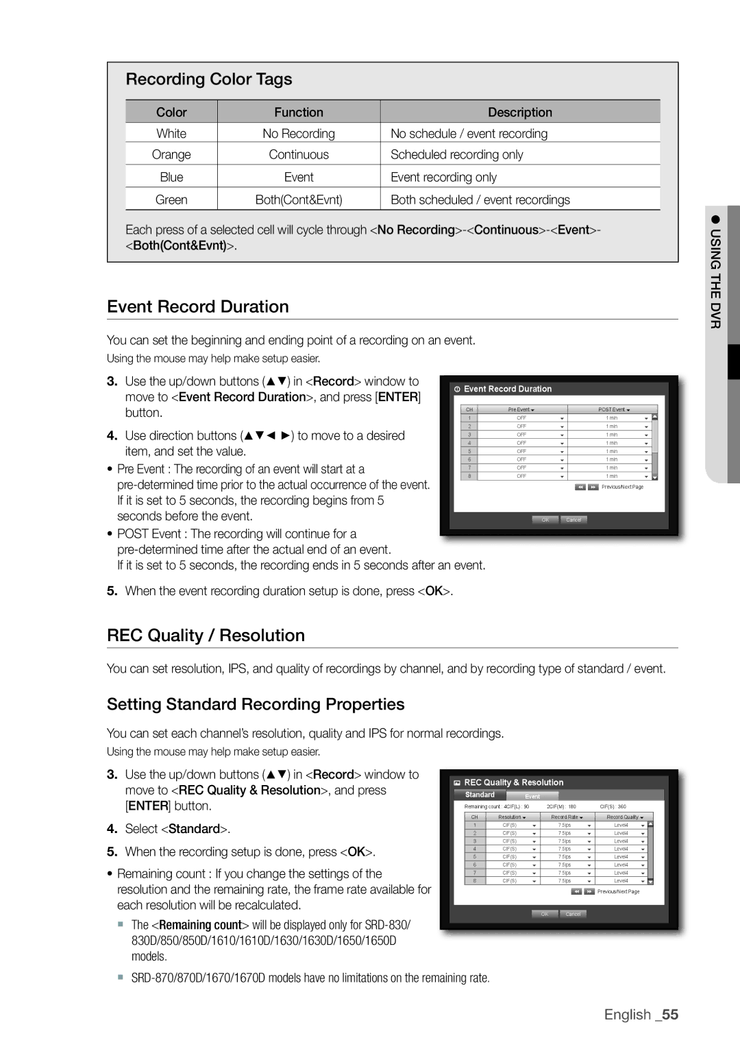 Samsung 1650D Event Record Duration, REC Quality / Resolution, Recording Color Tags, Setting Standard Recording Properties 