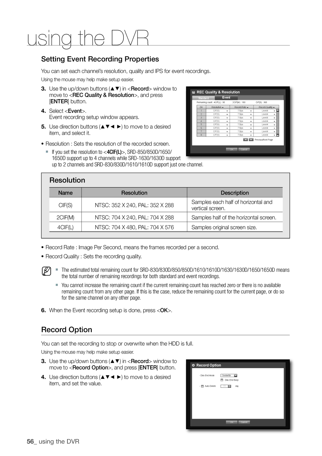 Samsung SRD-850D, 870D, 1670D, 1650D, SRD-830D Record Option, Setting Event Recording Properties, Resolution, Cifs 