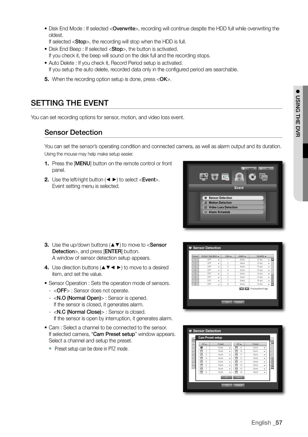 Samsung SRD-830D, 870D Setting the Event, Sensor Detection, OFF Sensor does not operate, Normal Close Sensor is closed 