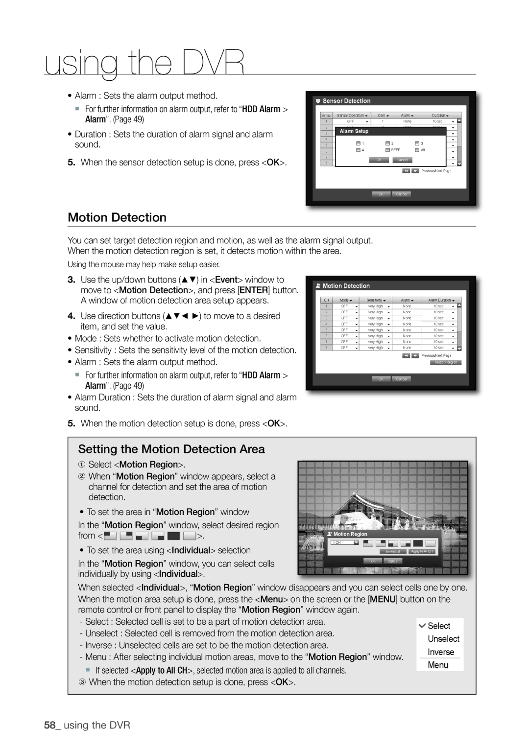 Samsung 870D, 1670D, SRD-850D, SRD-830D, SRD-1650D, SRD-1630D, SRD-1610 Setting the Motion Detection Area 