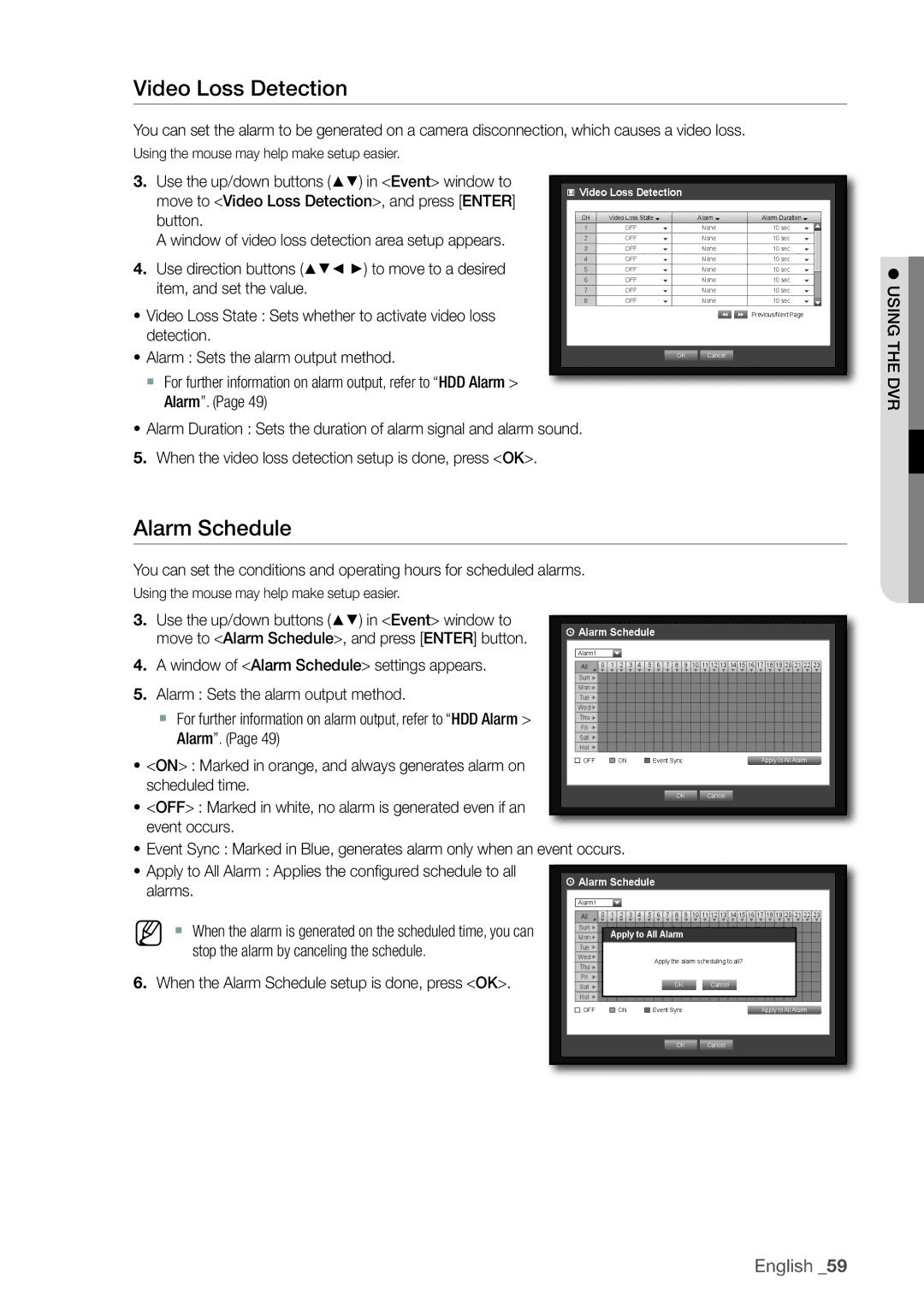 Samsung SRD-830, 870D, 1670D, 1650D Video Loss Detection, Alarm Schedule, Stop the alarm by canceling the schedule 