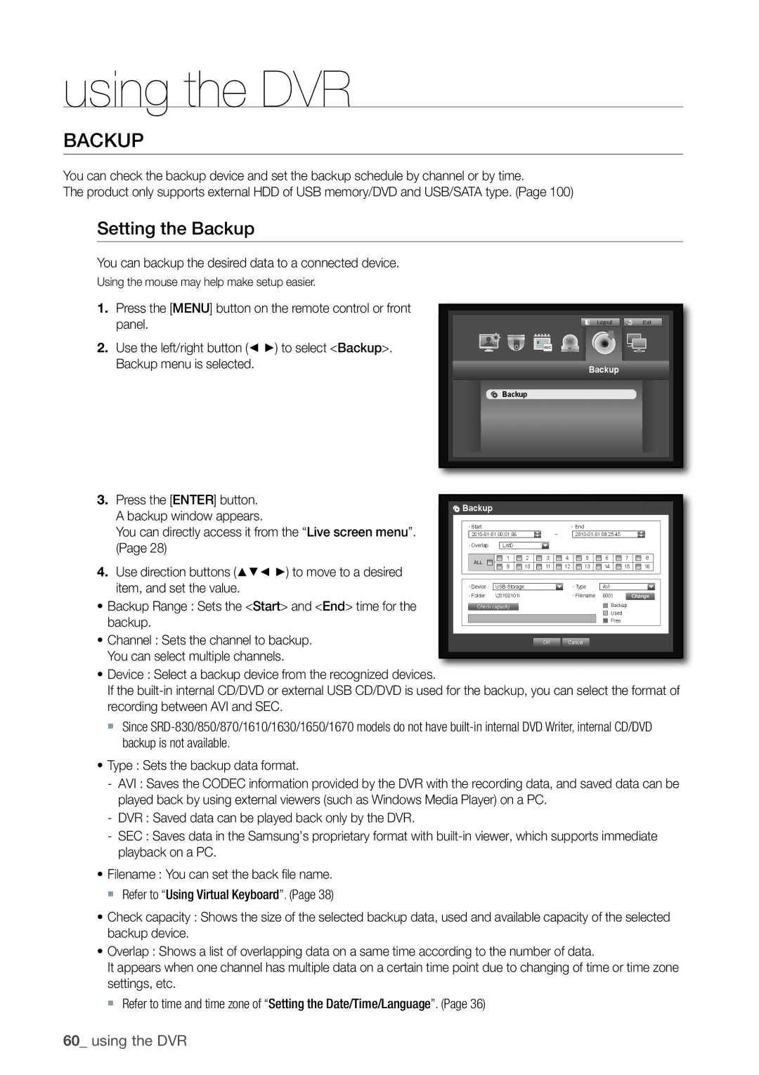 Samsung SRD-1650D, 870D, 1670D, SRD-850D Setting the Backup, You can backup the desired data to a connected device 