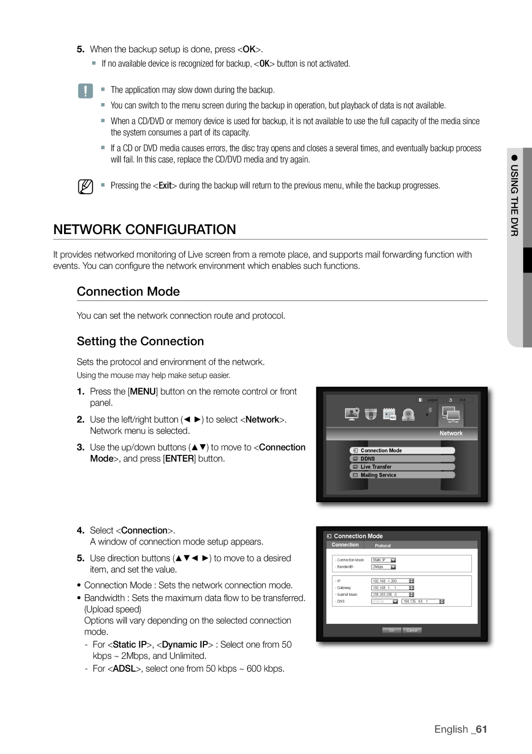 Samsung SRD-1630D, 870D, 1670D, 1650D, SRD-850D, SRD-830D Network Configuration, Connection Mode, Setting the Connection 