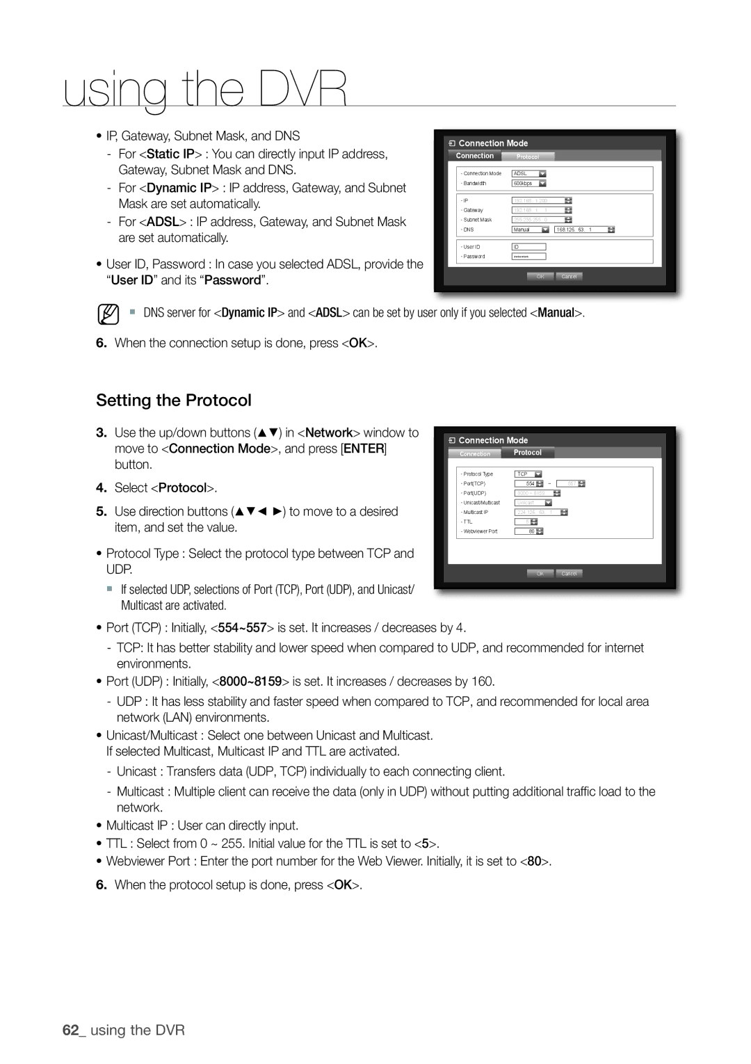 Samsung SRD-1630, 870D, 1670 Setting the Protocol, Move to Connection Mode, and press Enter, Button Select Protocol, Udp 