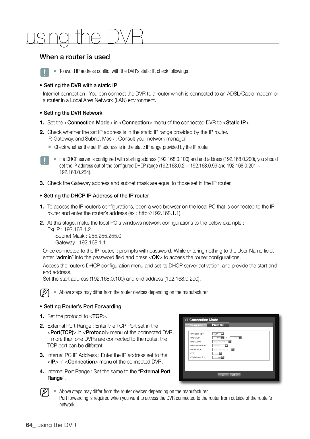 Samsung SRD-1610D, 870D When a router is used, 192.168.0.254, Internal Port Range Set the same to the External Port Range 