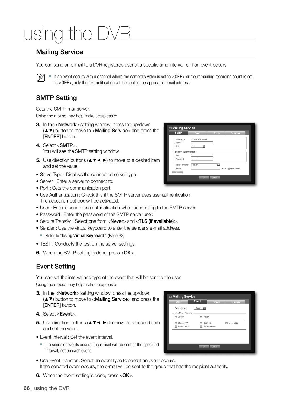 Samsung 870D, 1670D, 1650D, SRD-850D, SRD-830D Mailing Service, Smtp Setting, Event Setting, Sets the Smtp mail server 