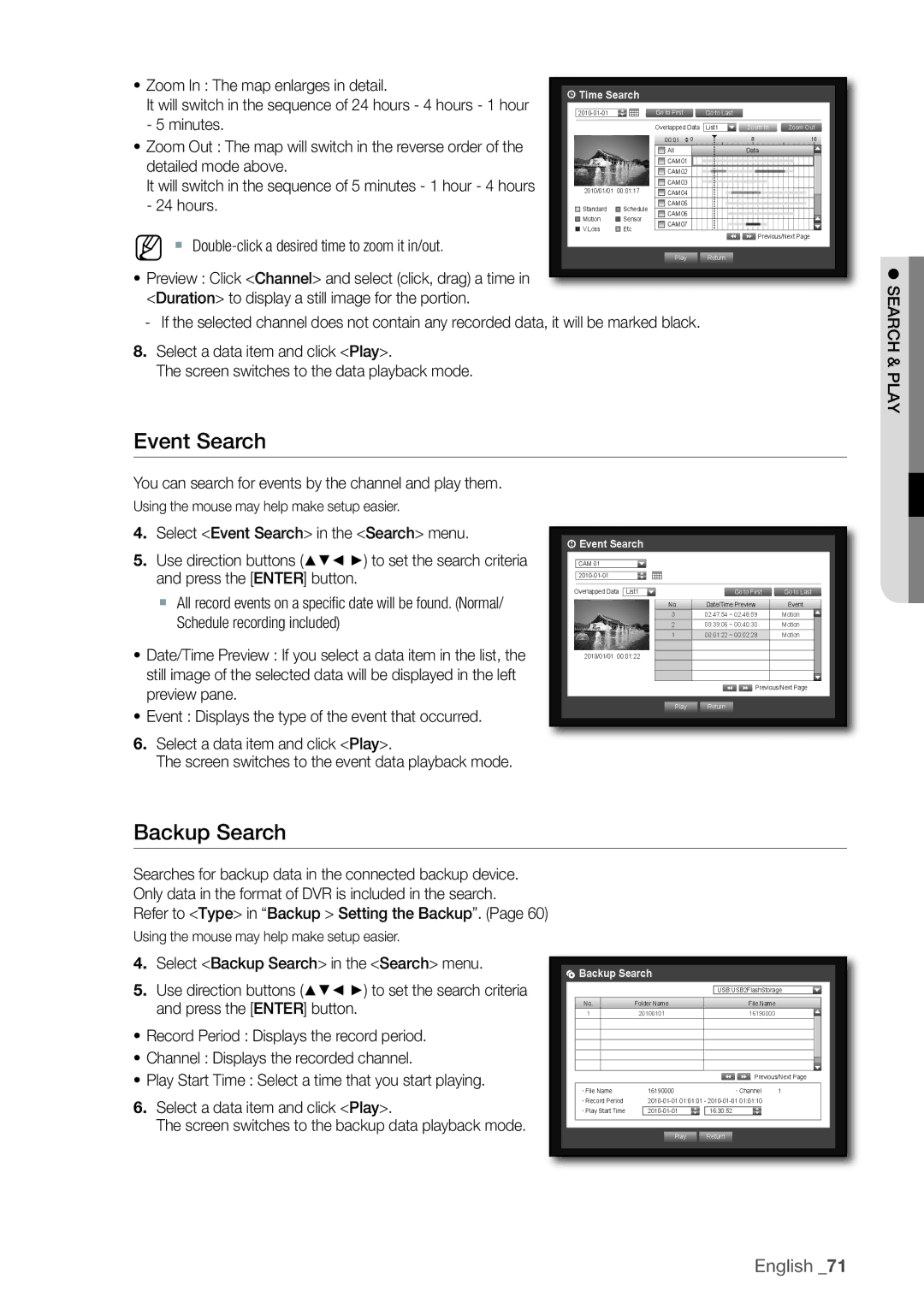 Samsung SRD-850 Event Search, Backup Search, Detailed mode above, Hours, ` Double-click a desired time to zoom it in/out 