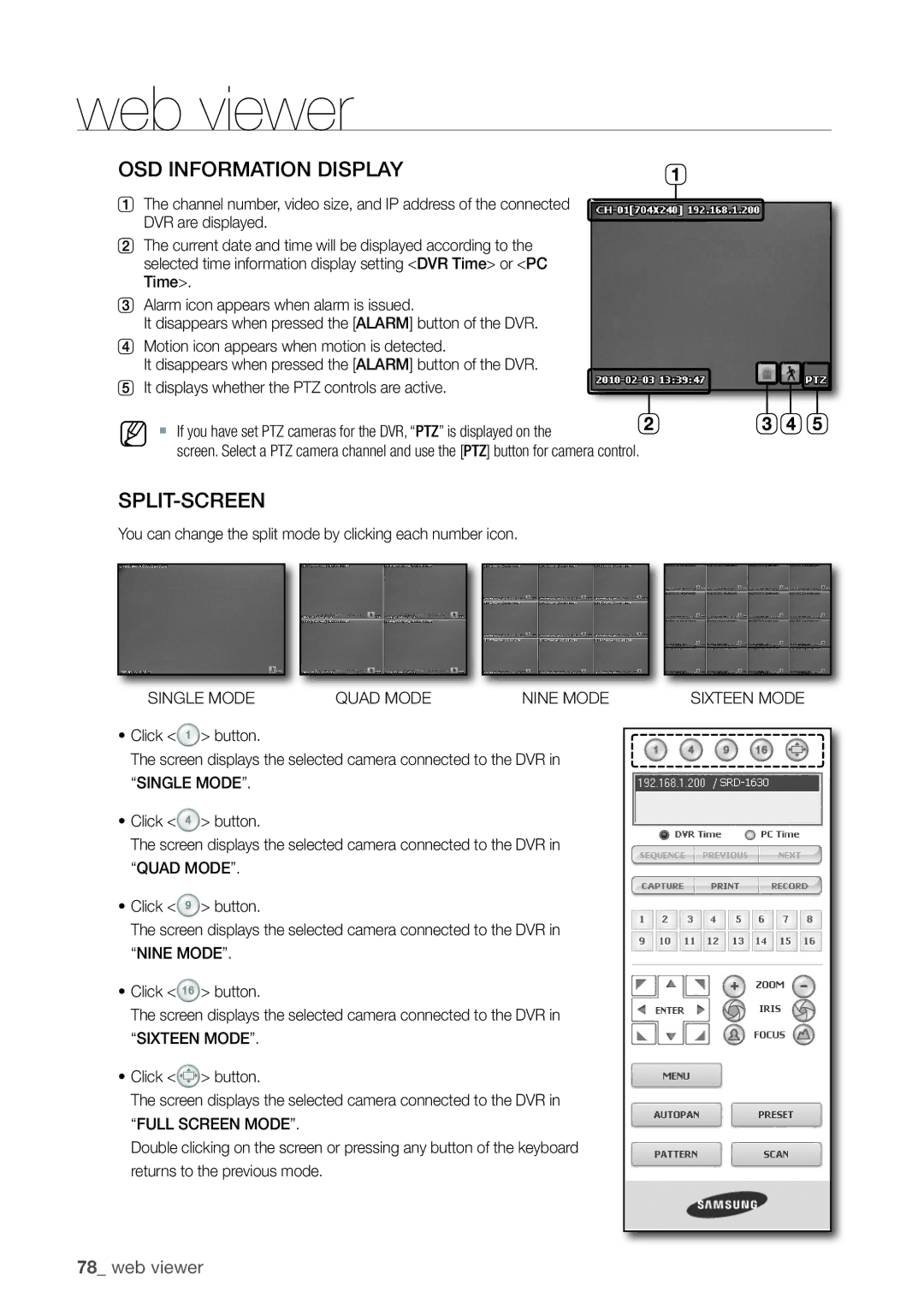 Samsung 870D You can change the split mode by clicking each number icon, Single Mode Quad Mode Nine Mode Sixteen Mode 