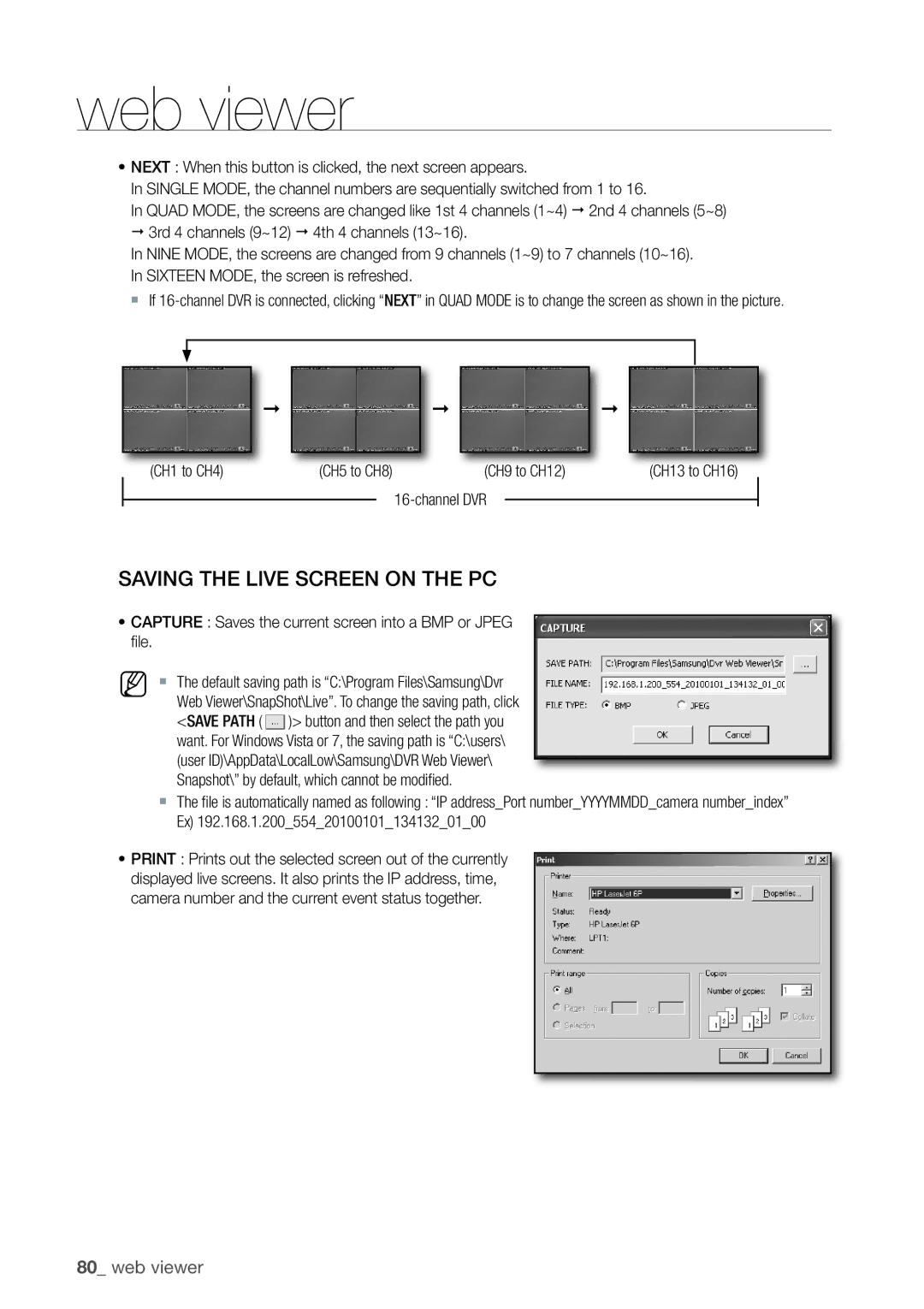 Samsung 1670D, 870D, 1650D, SRD-850D, SRD-830D CH1 to CH4, ~ Capture Saves the current screen into a BMP or Jpeg file 