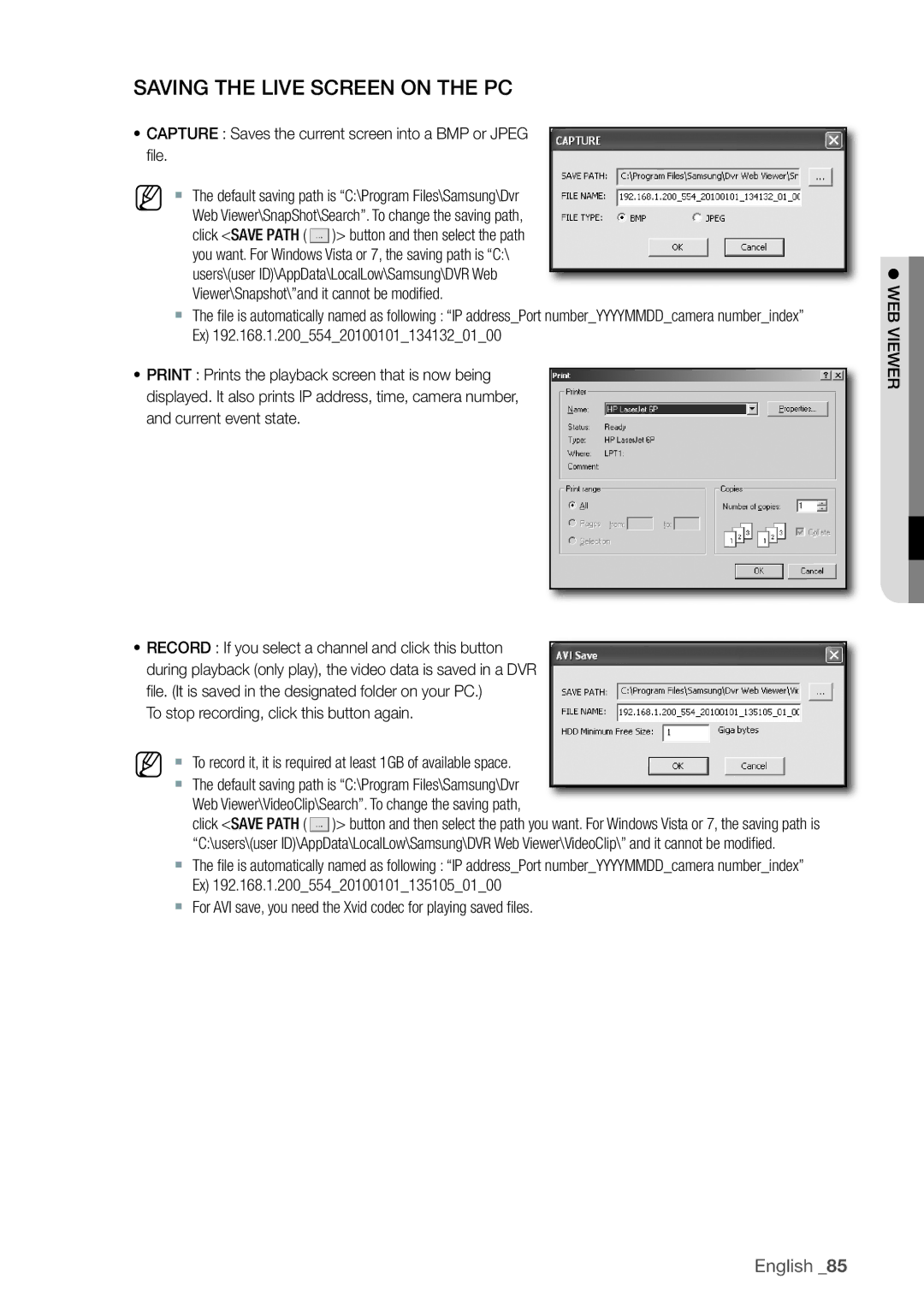 Samsung SRD-830, 870D To stop recording, click this button again, Web Viewer\VideoClip\Search. To change the saving path 