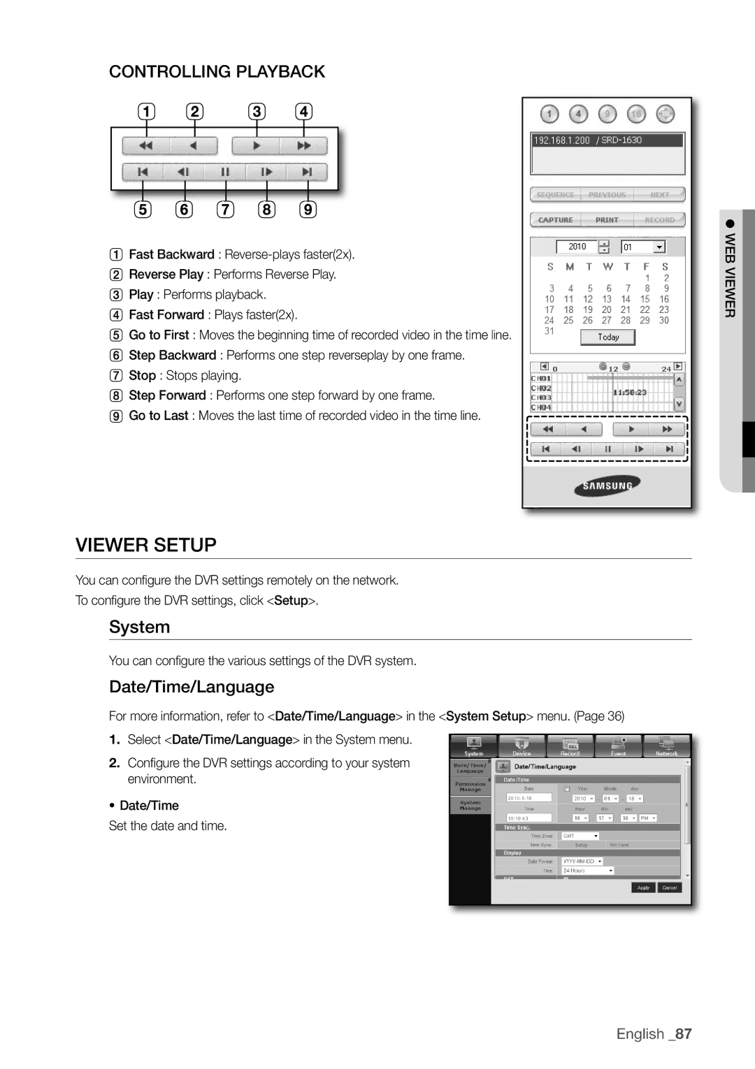 Samsung SRD-1630D, 870D Viewer Setup, System, Date/Time/Language, You can configure the various settings of the DVR system 