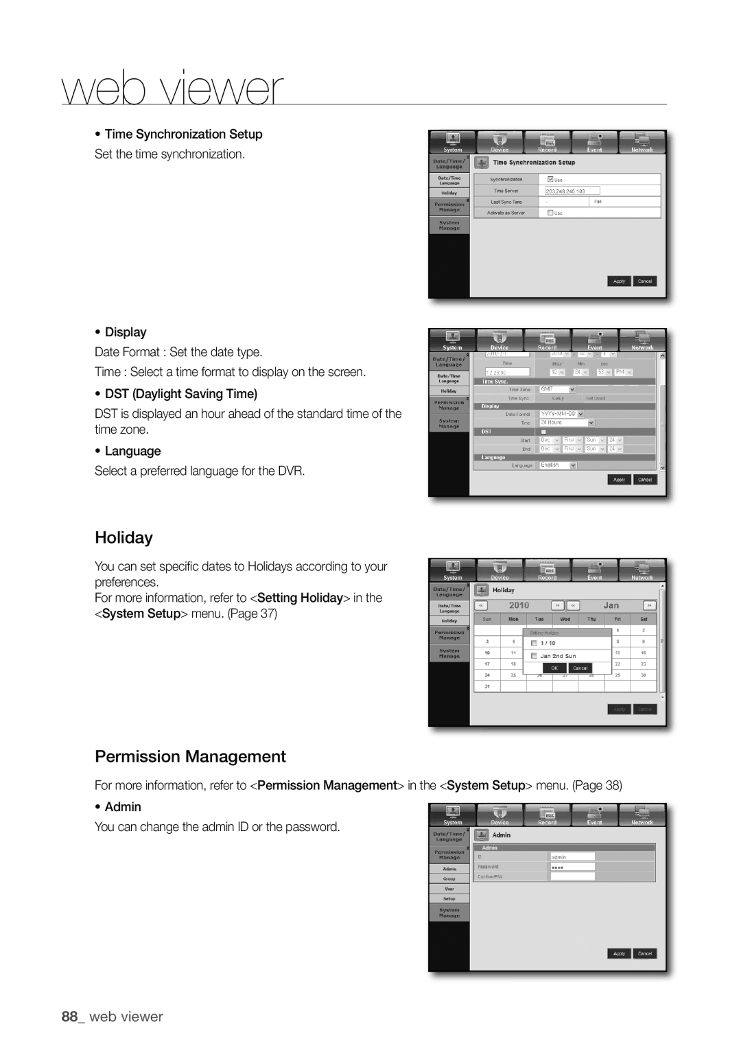 Samsung 870D, 1670D, SRD-850D, SRD-830D, SRD-1650D, SRD-1630D, SRD-1610D user manual Holiday, Permission Management 