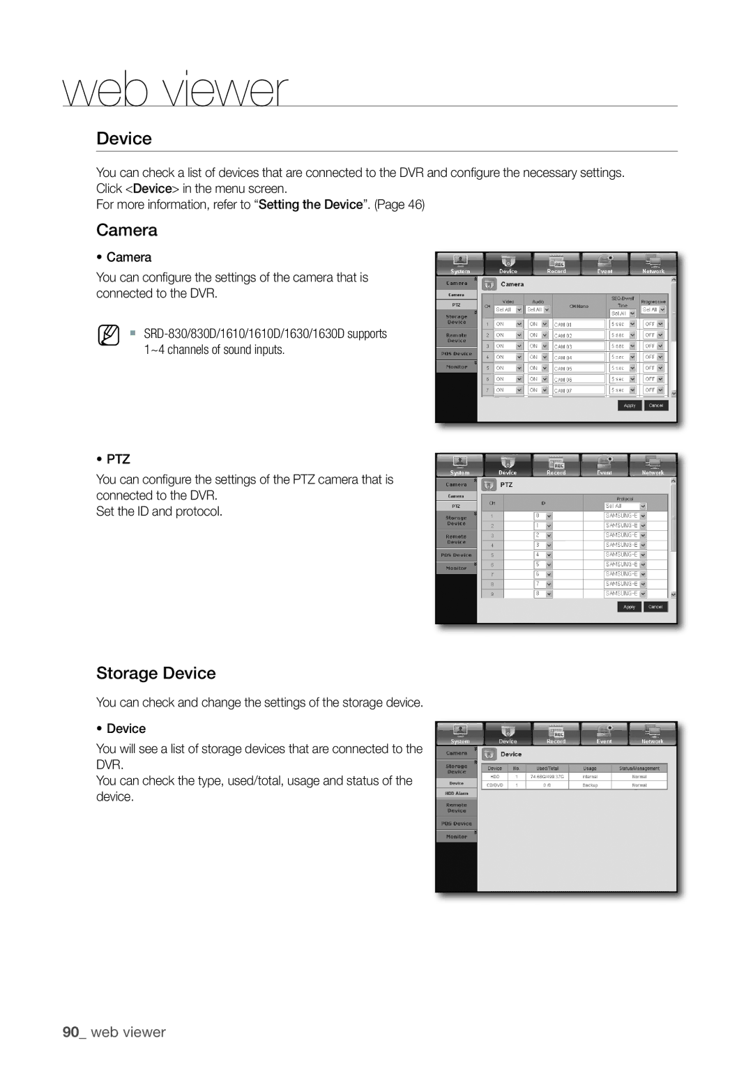 Samsung SRD-1610D, 870D, 1670D, SRD-850D, SRD-830D, SRD-1650D, SRD-1630D user manual Camera, Storage Device, ~ Ptz 