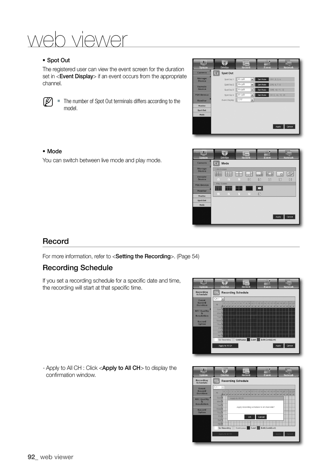 Samsung 870D, 1670D, 1650D, SRD-850D Recording Schedule, Model, ~ Mode You can switch between live mode and play mode 