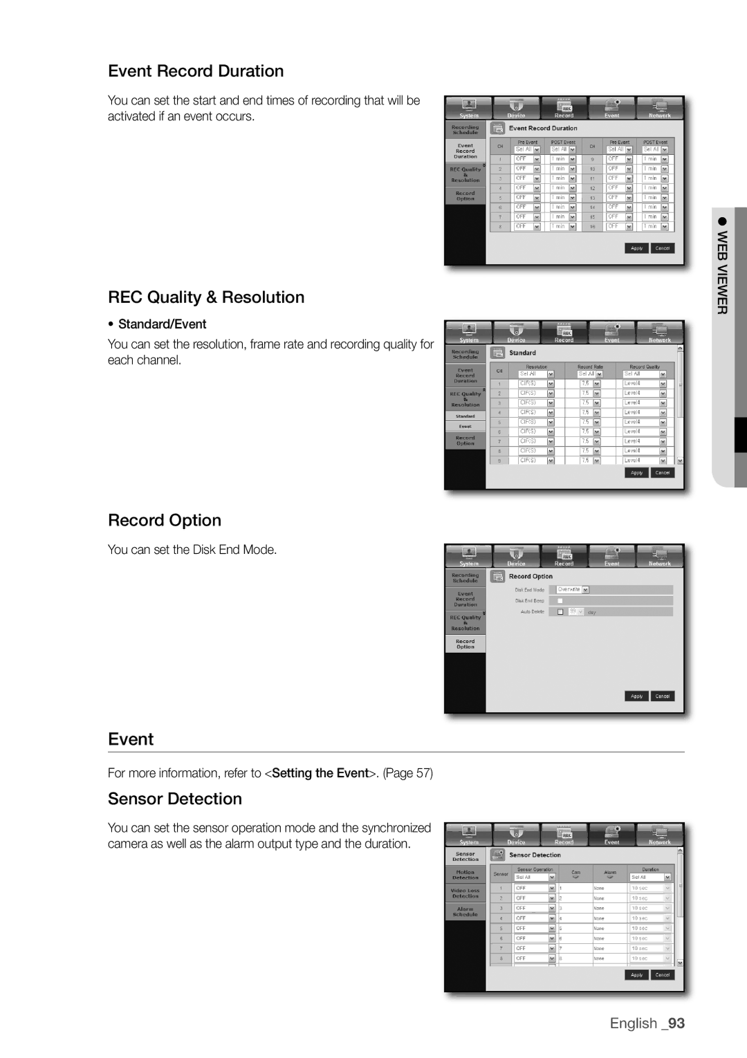 Samsung 1670D, 870D, 1650D, SRD-850D Event Record Duration, REC Quality & Resolution, Record Option, Sensor Detection 