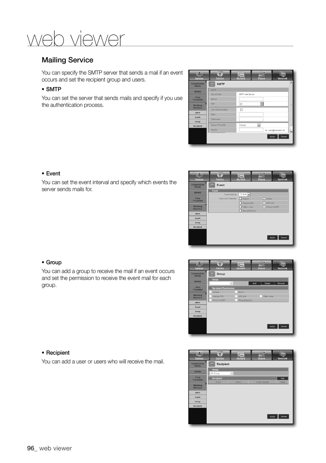 Samsung SRD-830D, 870D, 1670D, SRD-850D, SRD-1650D, SRD-1630D, SRD-1610D user manual Mailing Service, ~ Smtp 