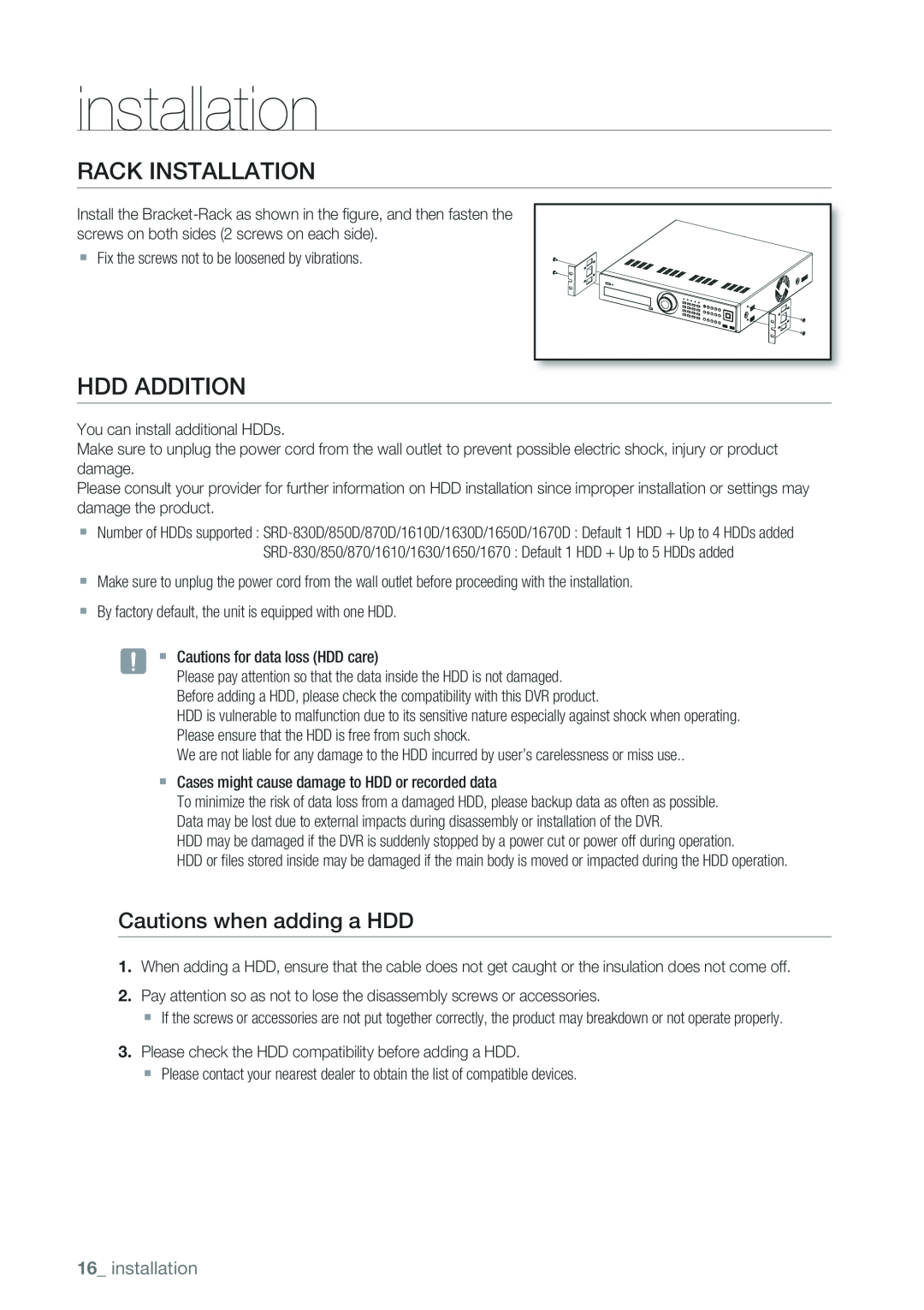 Samsung 1650D, 870D, 1670D, SRD-850D, SRD-830D Rack Installation, HDD Addition, Cautions when adding a HDD, installation 