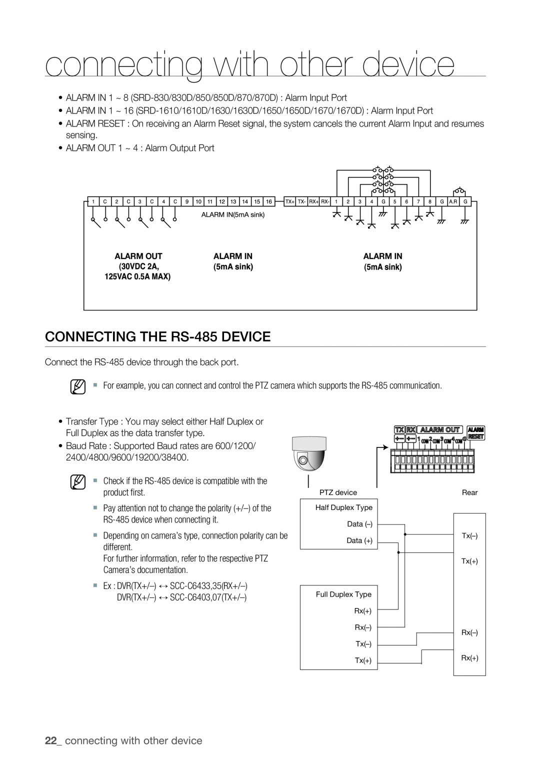 Samsung SRD-1630D, 870D, 1670D, 1650D, SRD-850D, SRD-830D M `, Connecting the RS-485 Device, connecting with other device 