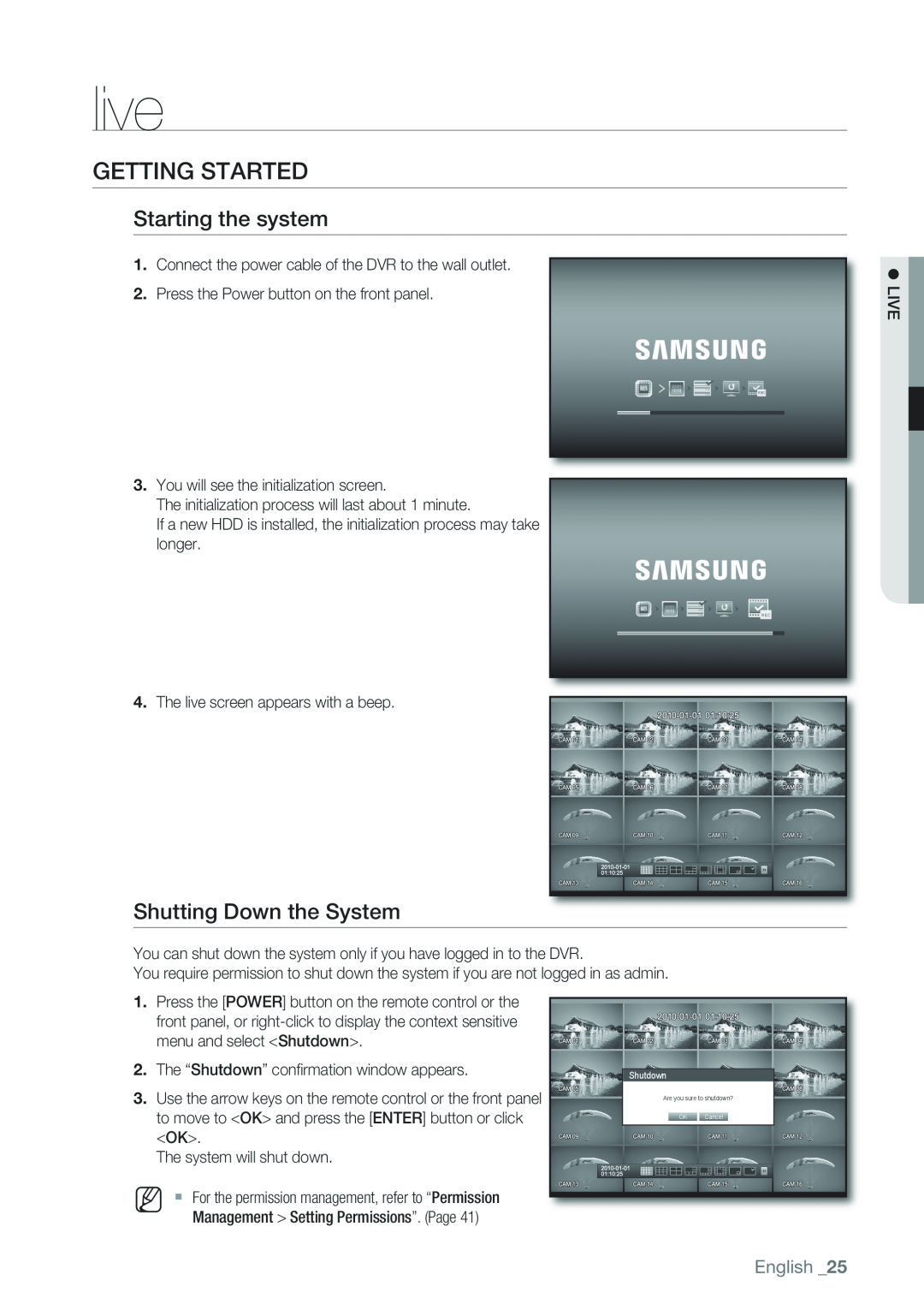 Samsung SRD-1610D, 870D, 1670D, 1650D live, Getting Started, Starting the system, Shutting Down the System, English 
