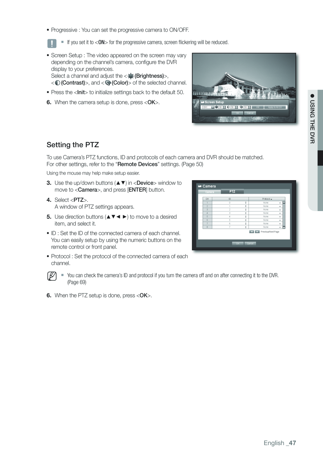 Samsung SRD-1650D, 870D, 1670D, SRD-850D, SRD-830D, SRD-1630D, SRD-1610D user manual Setting the PTZ, English 