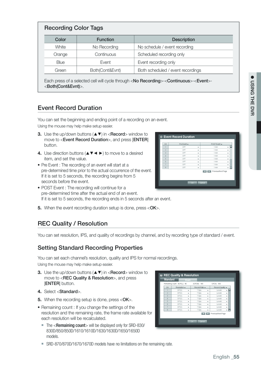 Samsung 1650D Event Record Duration, REC Quality / Resolution, Recording Color Tags, Setting Standard Recording Properties 